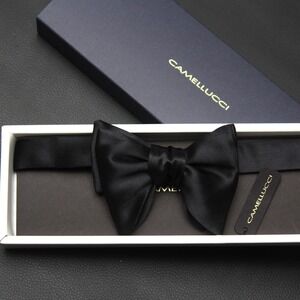 Men's Pre-tied‎ Bow tie 100%Silk Charmeuse Black Bow tie Small Compact Butterfly